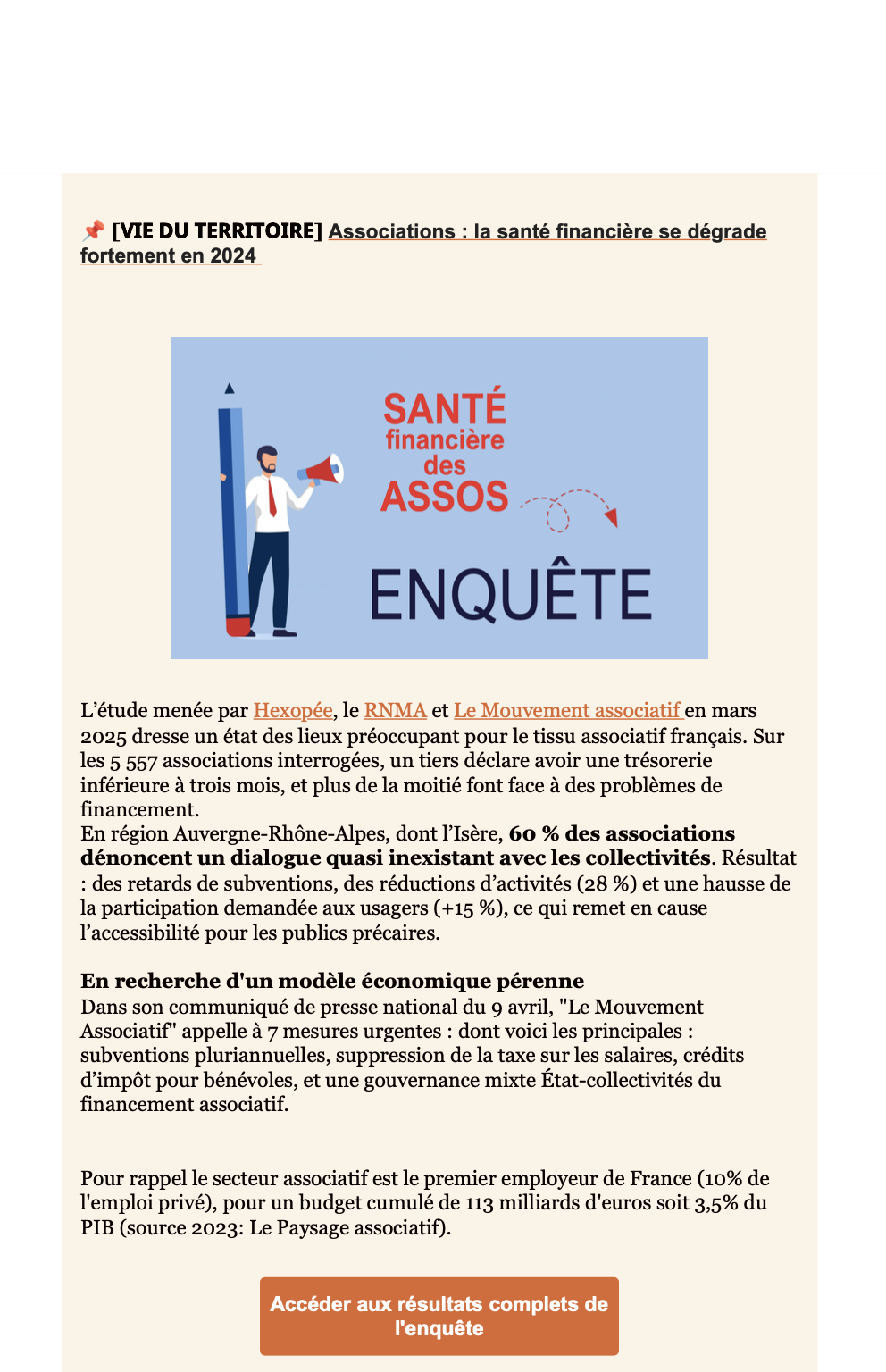 Aperçu de l'infolettre envoyée en février 2024 par Societal Angels