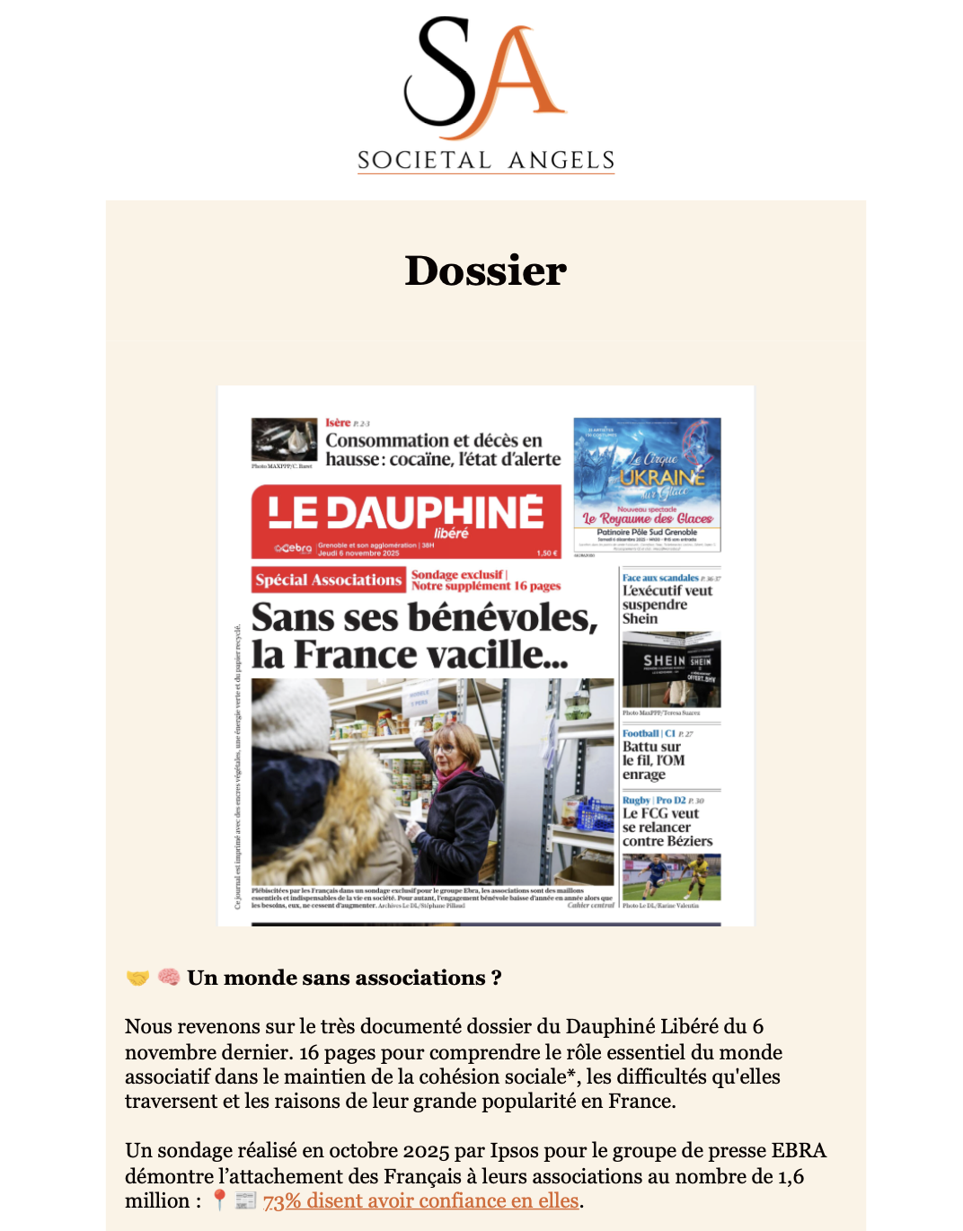 Aperçu de l'infolettre envoyée en février 2024 par Societal Angels