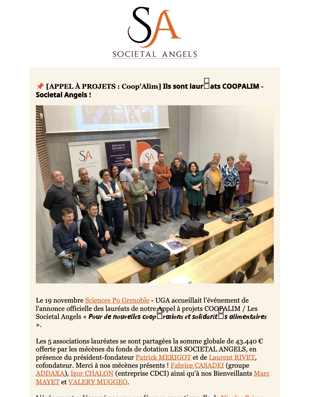 Aperçu de l'infolettre envoyée en février 2024 par Societal Angels