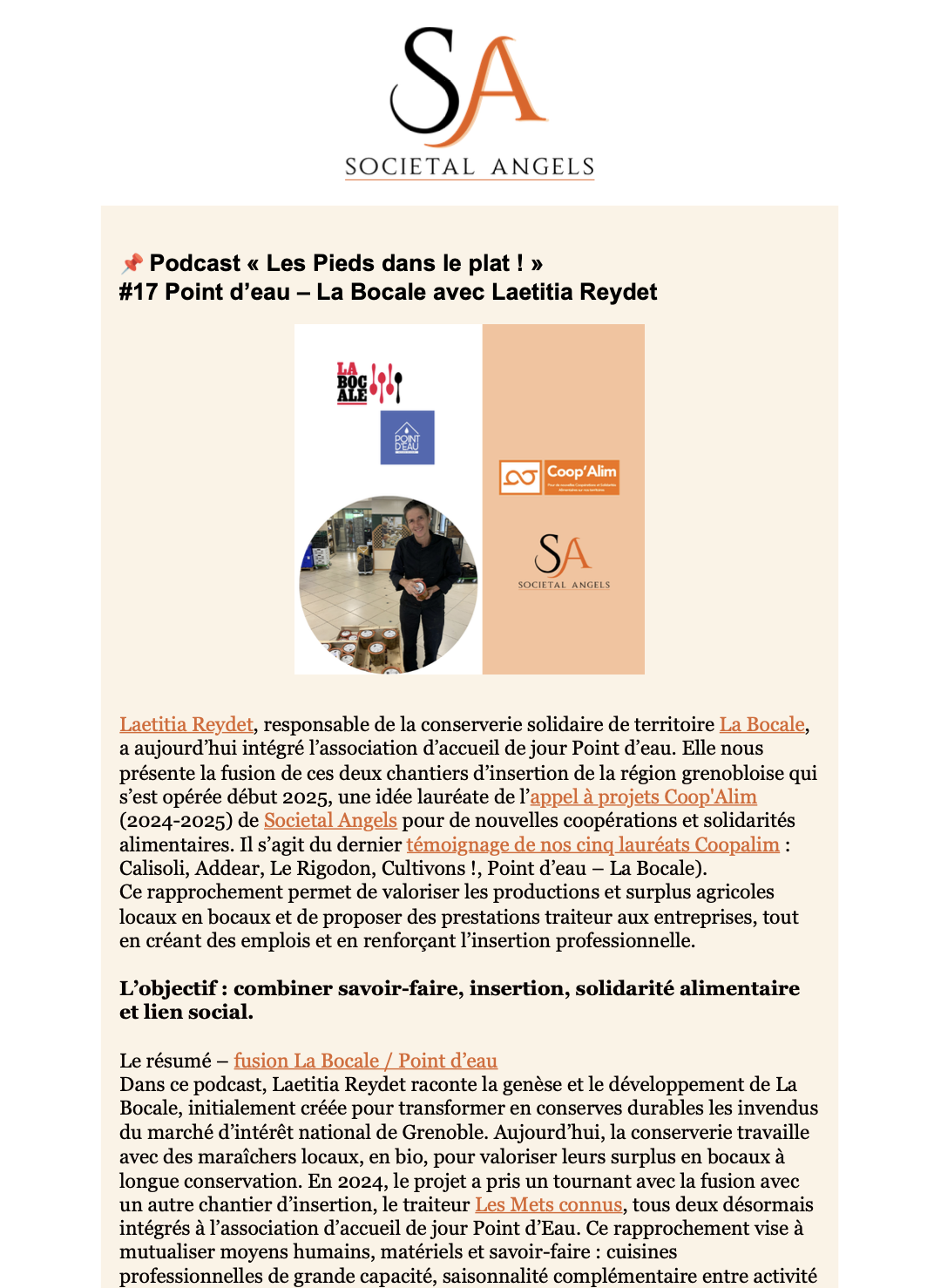 Aperçu de l'infolettre envoyée en février 2024 par Societal Angels