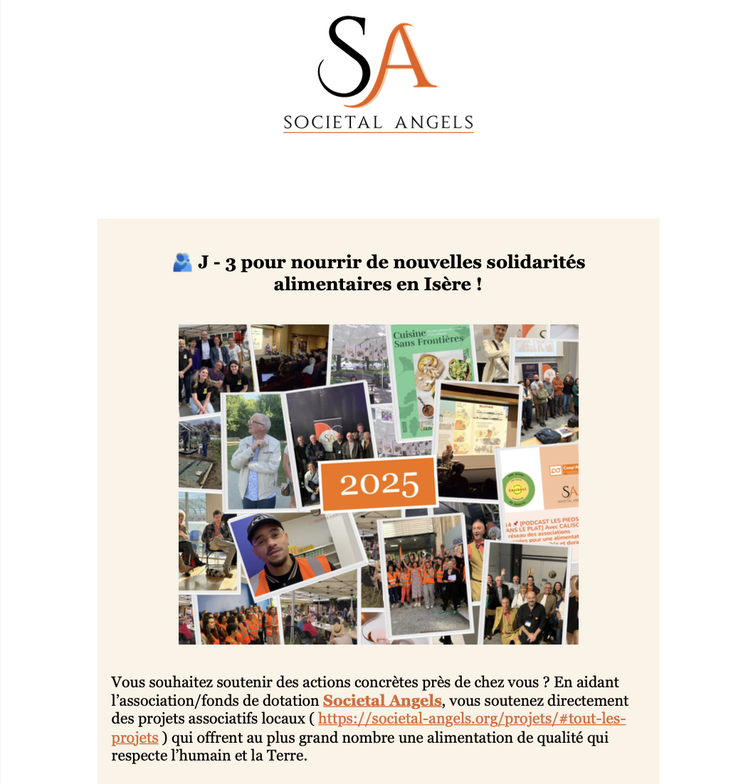 Aperçu de l'infolettre envoyée en février 2024 par Societal Angels