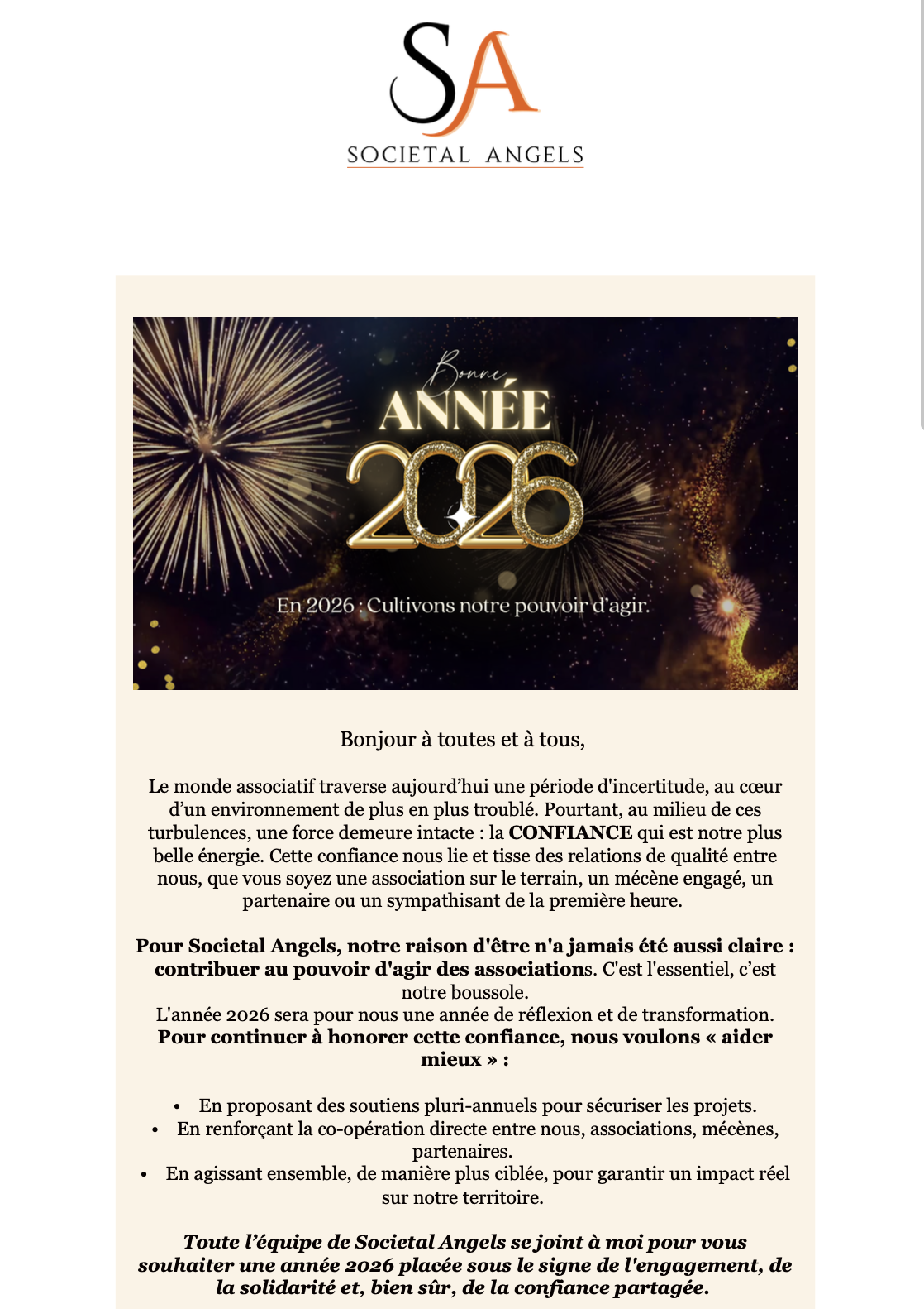 Aperçu de l'infolettre envoyée en février 2024 par Societal Angels